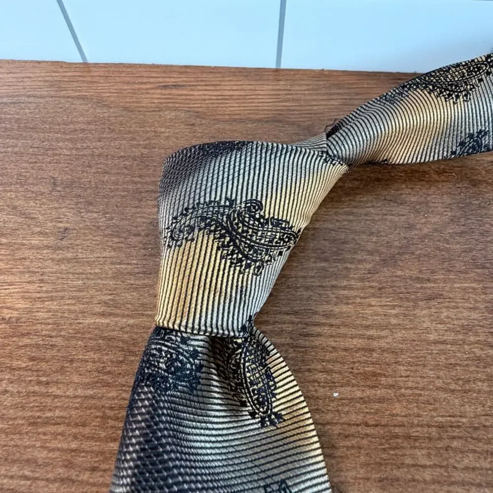 Vintage Studio Milano Handmade Gold Striped Paisley Silk Blend Necktie